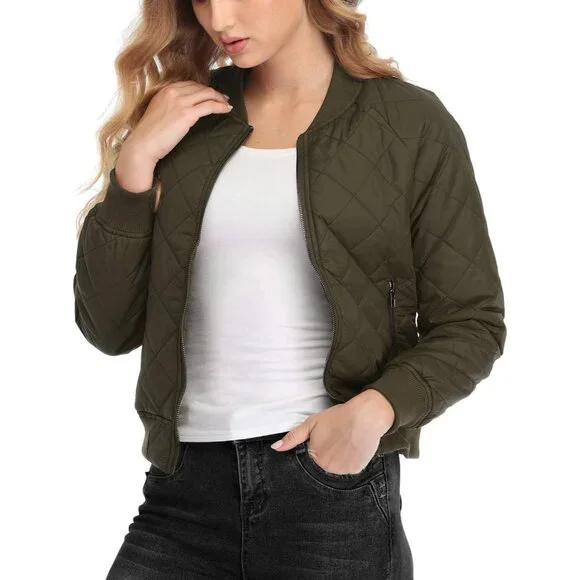 Women´s Lightweight Quilted Bomber Jacket in Green - Stylish Warmth with Pockets Jackets & Coats